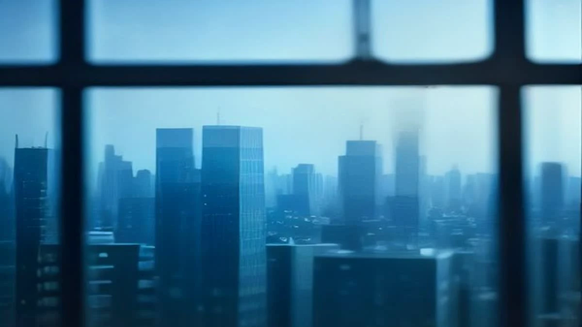 shallow depth of field close-up of a panoramic city skyline seen through an office window, subtle blue tones, overcast diffused light (illustrative image)